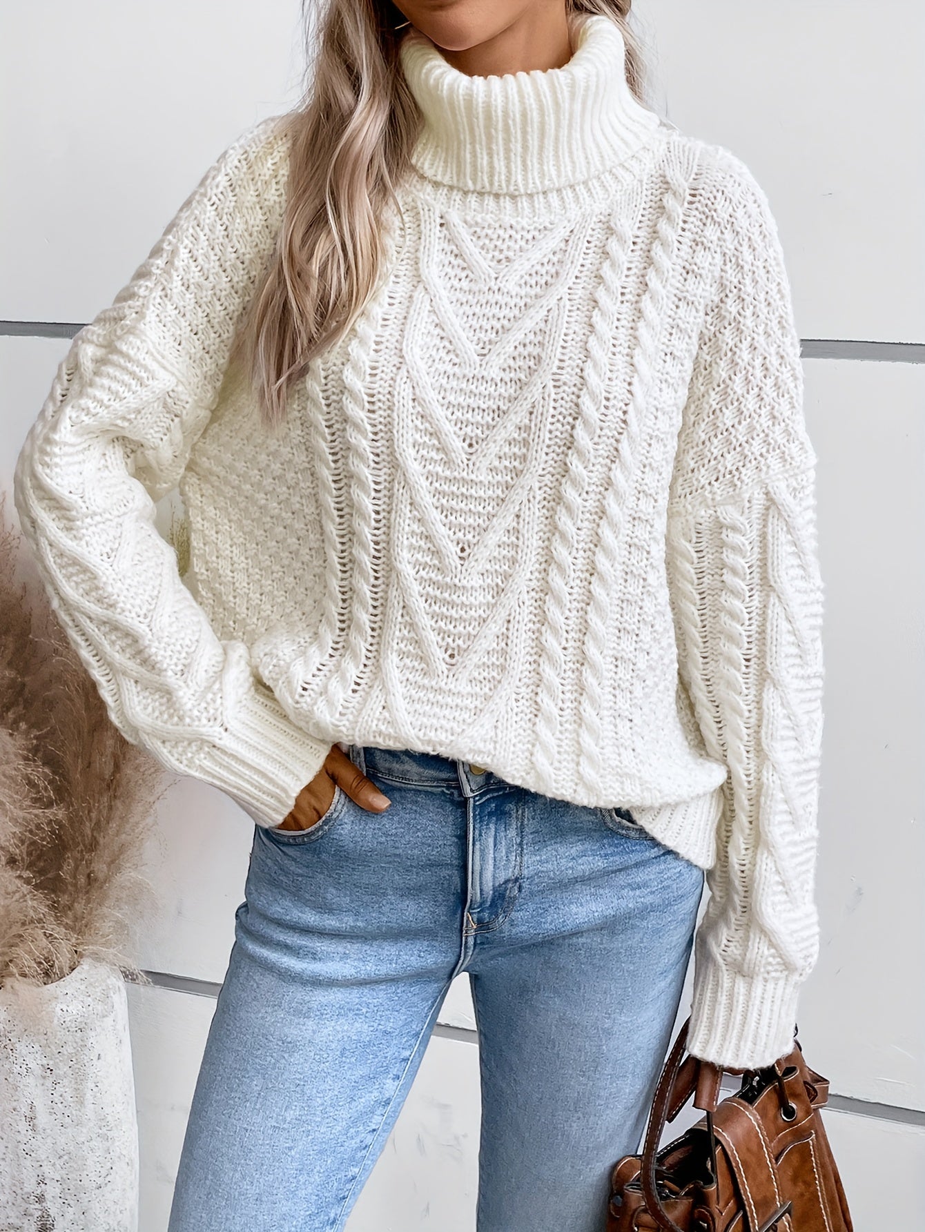 Solid Turtle Neck Pullover Sweater Long Sleeve Casual Winter Women's Clothing