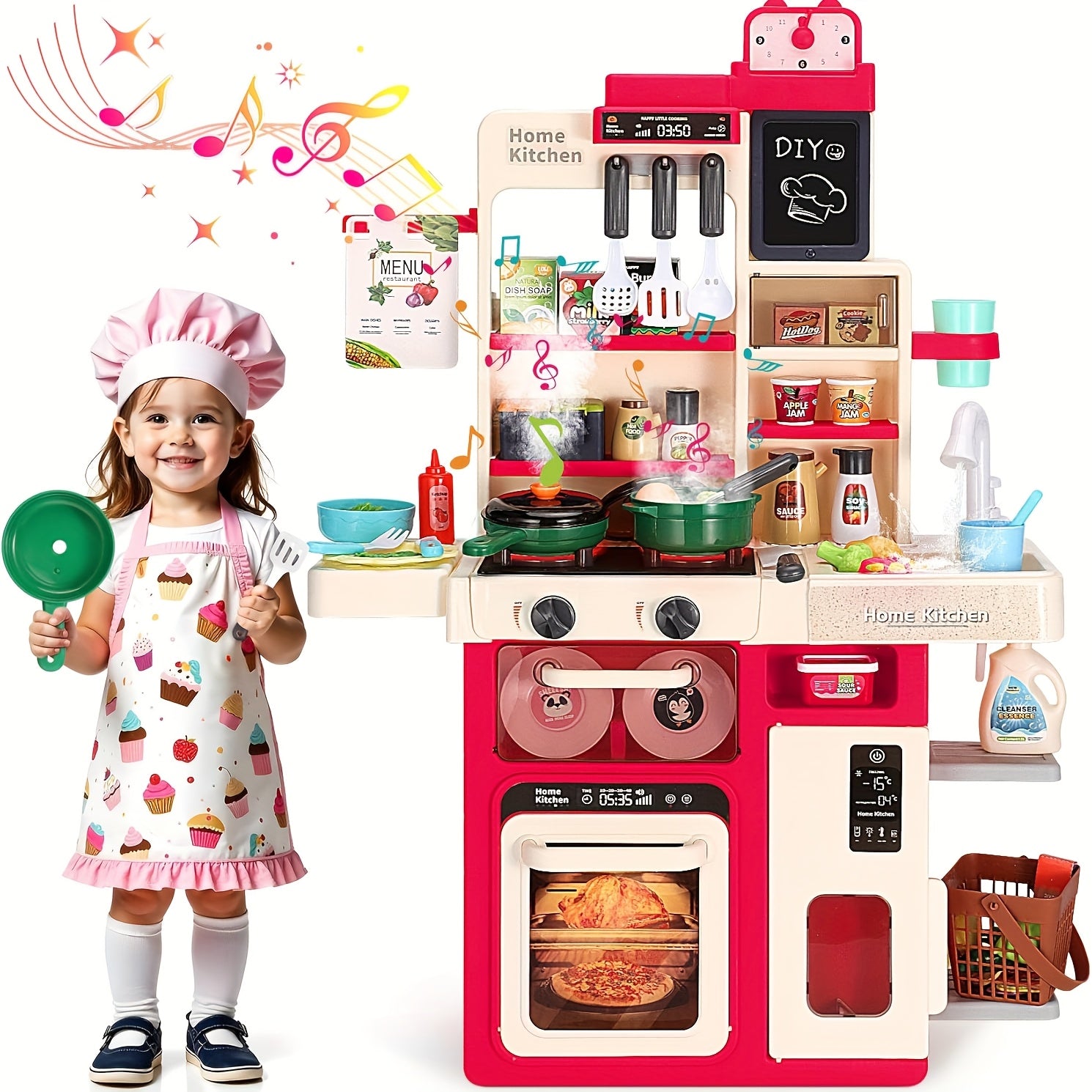 Kids Play Kitchen Set with Realistic Sound & Light Cooking Stove Sink Play Food