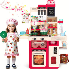 Kids Play Kitchen Set with Realistic Sound & Light Cooking Stove Sink Play Food
