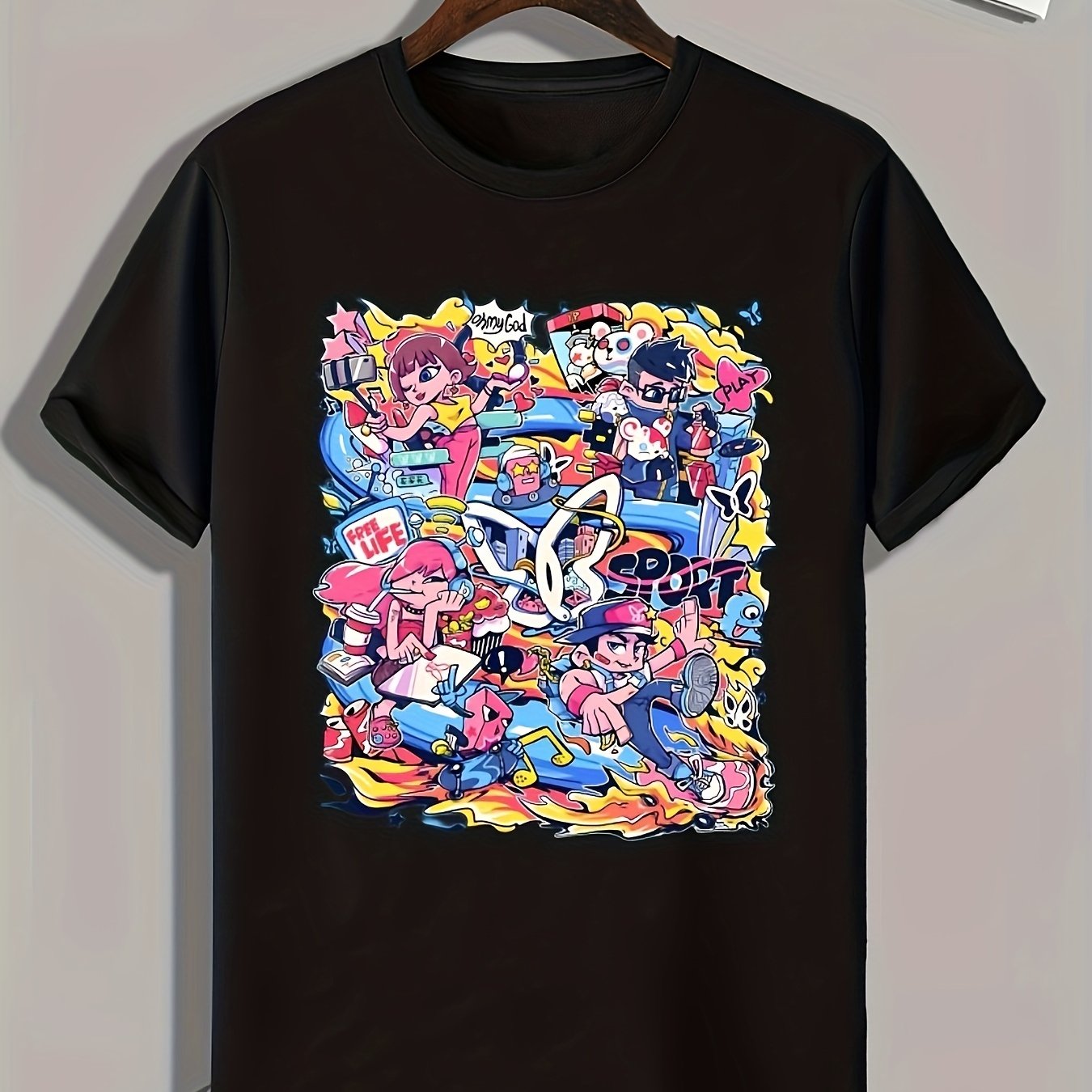 Cartoon Print Men's Graphic T-shirt for Summer