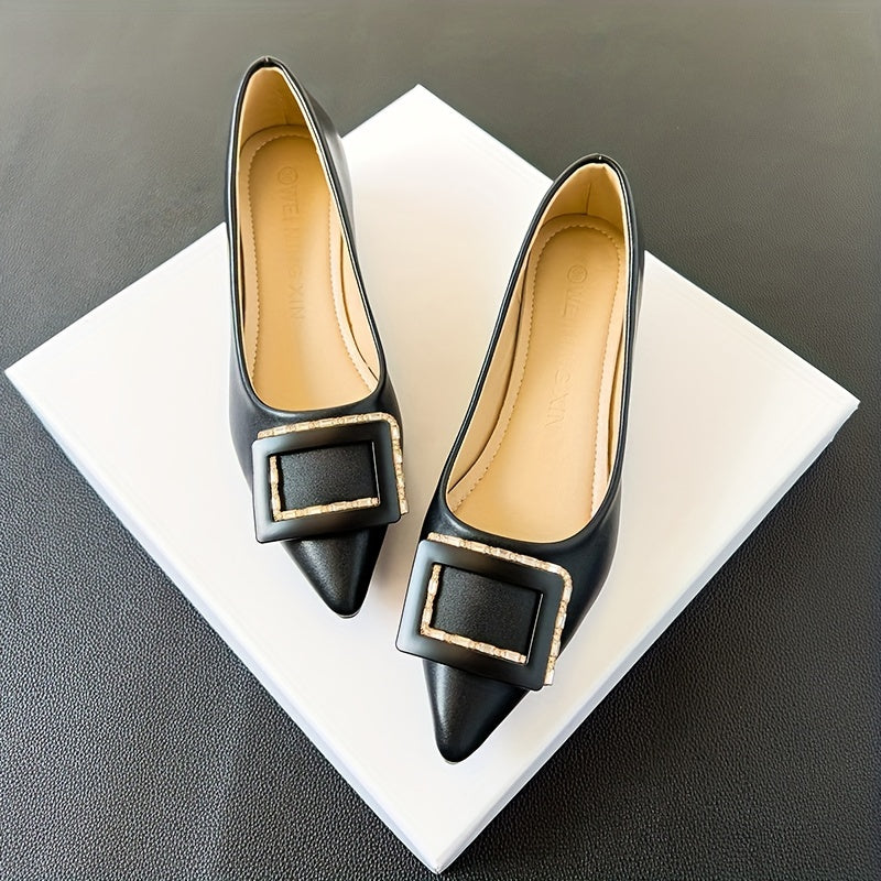 Women's Metallic Buckle Decor Slip-On Shallow Mouth Chunky Heel Shoes