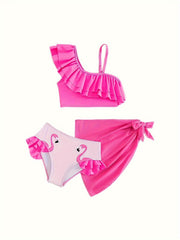 Girls Flamingo Graphic Ruffle Trim Bathing Suit Set