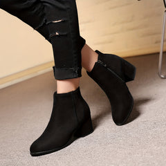 Women's Suede Short Boots Block Heel Round Toe Side Zipper Shoes