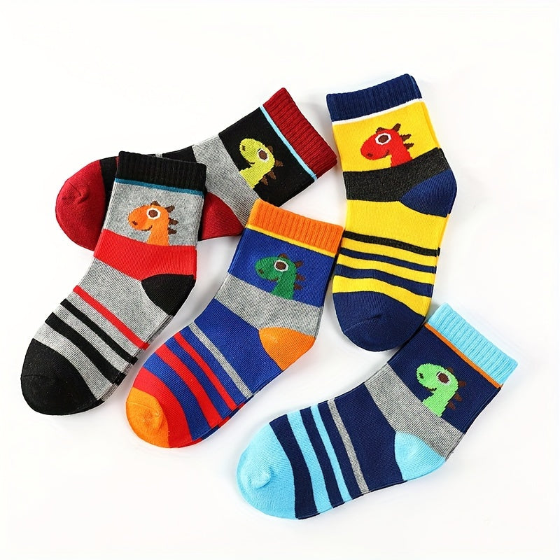 5 Pairs Boy's Cartoon Dinosaur Pattern Crew Socks - Unisex Outdoor Style