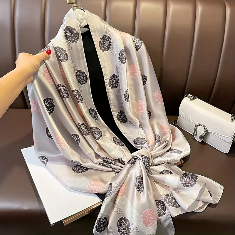 Camellia Print Scarf Satin Shawl Thin Breathable Hijab Silk Head Wrap