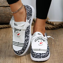 Christmas Snowman Cartoon & Leopard Pattern Canvas Shoes Lightweight Low Top Sne