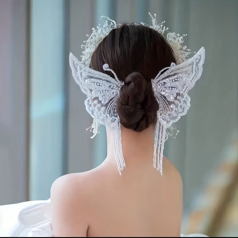 Lace Butterfly Head Piece Faux Pearl Wedding Hair Accessory