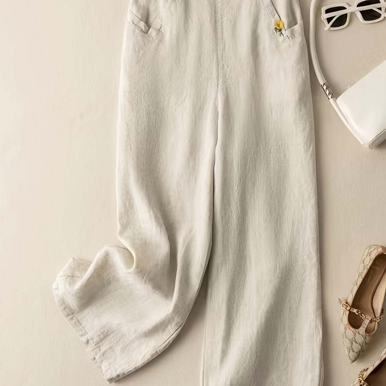 Casual Wide Leg Draped Pants with Embroidery Detail