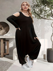 Women's Plus Size Cold Shoulder Round Neck Jumpsuit