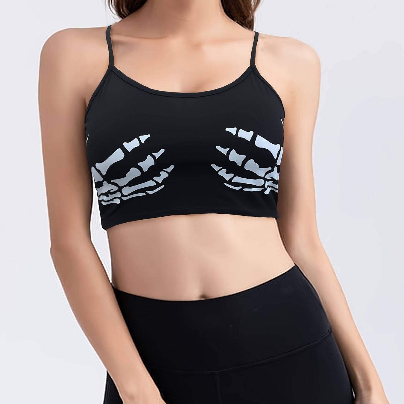 Halloween Skeleton Print Sports Bra Medium Stretch Fitness Gym Bra