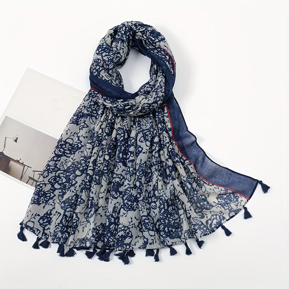 Vintage Flower Print Tassel Scarf Boho Shawl