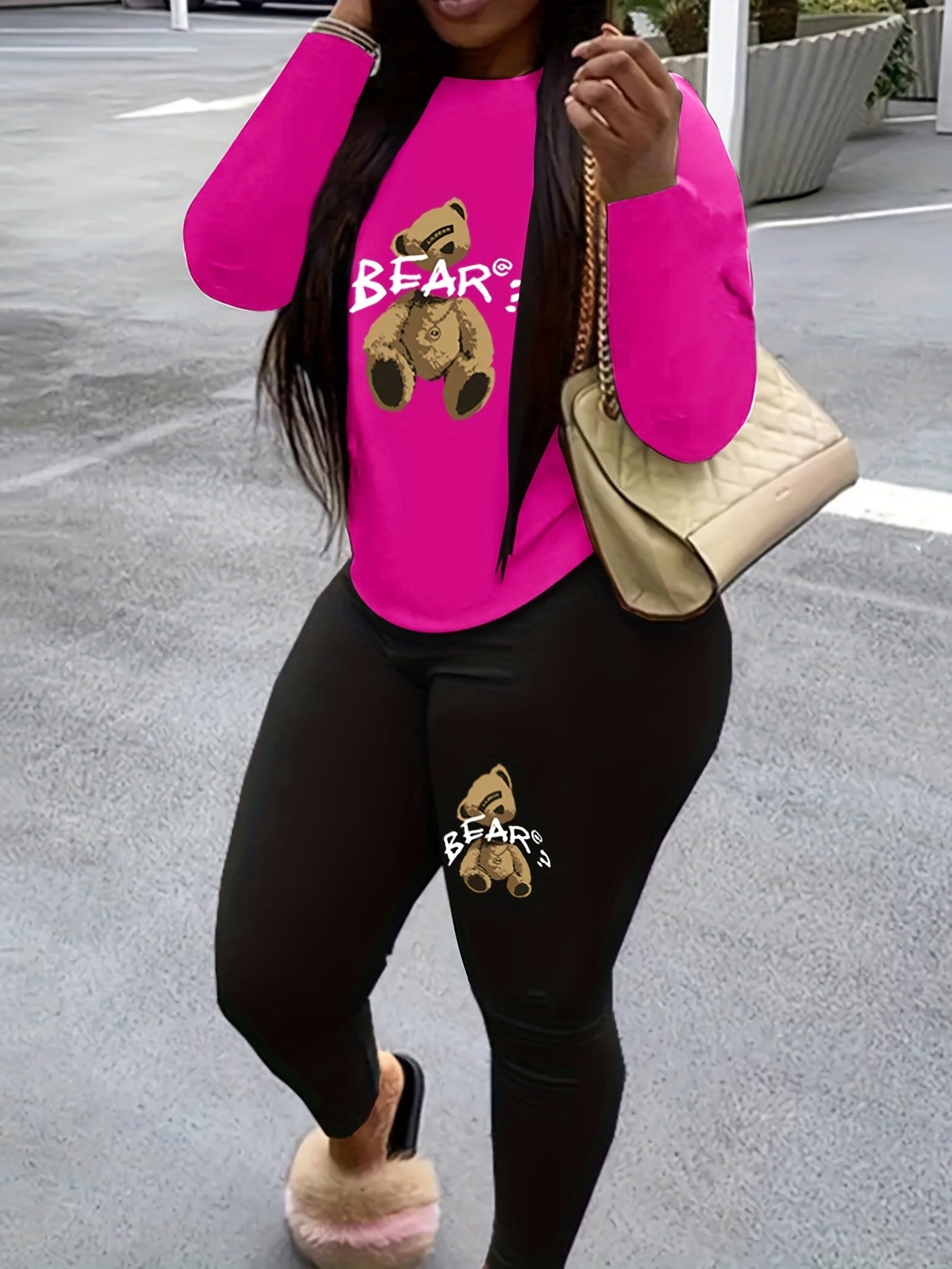 Women's Plus Bear & Letter Print Long Sleeve Top & Leggings Set