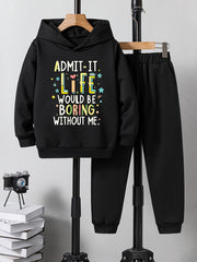 Boys Hoodie & Sweatpants Set, Letter Print, Casual, Long Sleeve, Loose Fit
