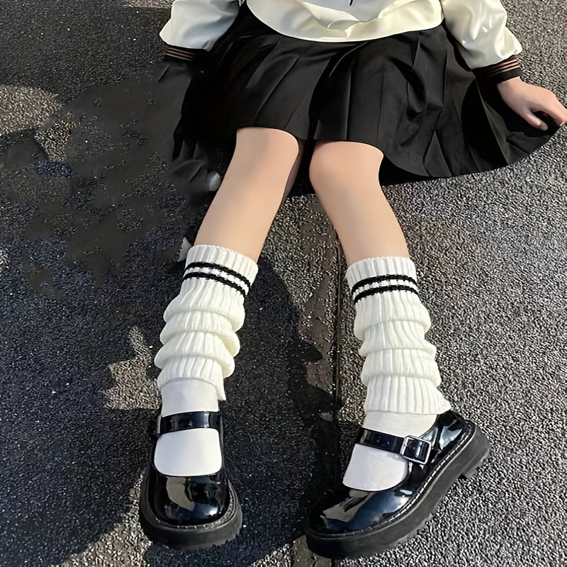 Striped Rib Knit Leg Warmers College Style All match Knee High Socks