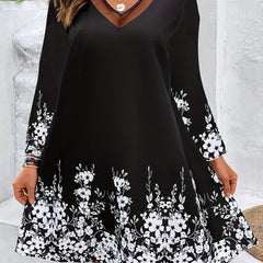 Women's V-Neck Floral Print Mesh Long Sleeve Dress
