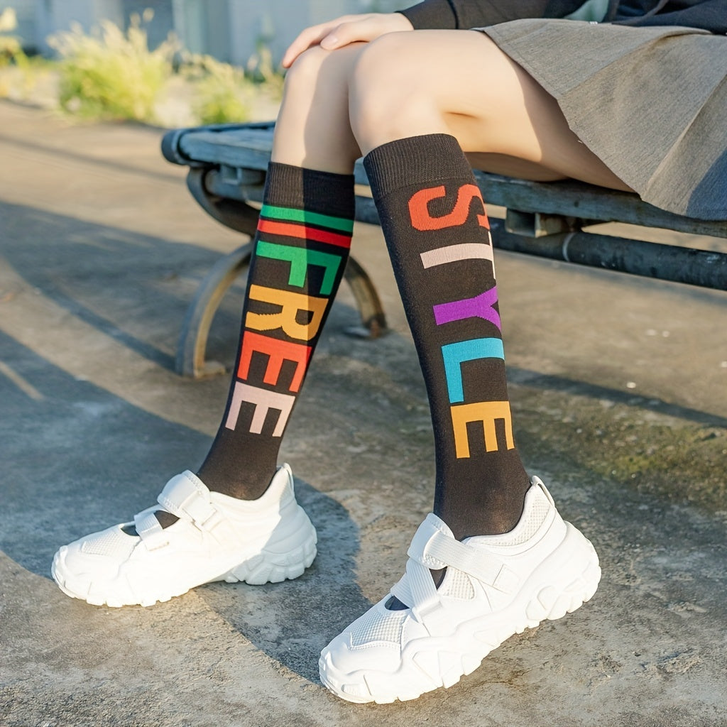 Letter Print Calf Socks Comfy Sports Knee High Socks Women's Stockings