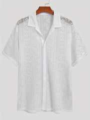 INCERUN Floral Lace Short Sleeve Shirts Casual Mesh Sheer Party Vacation Tee