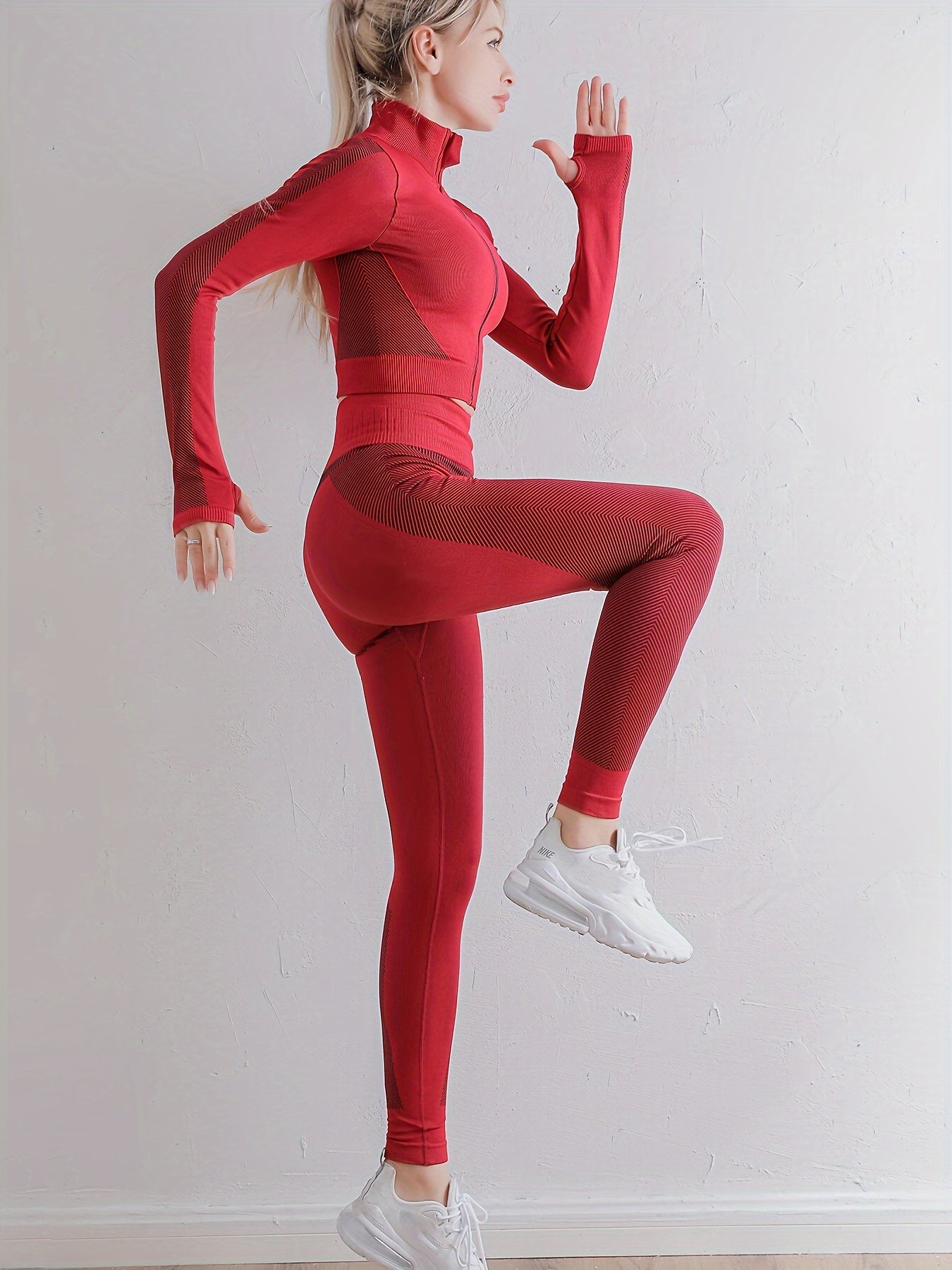 Yoga Workout Set Long Sleeve Zip Sports Top & Butt Lifting Leggings