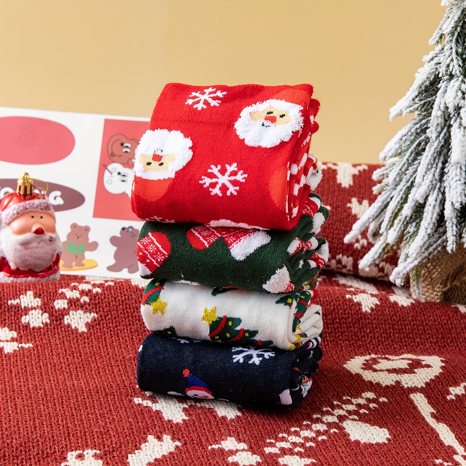 4 Pairs Christmas Print Socks Warm & Mid Tube Women's Stockings