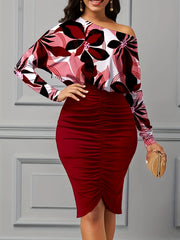 Floral Print Slanted Shoulder Top & Ruched Bag Hip Skirt Set