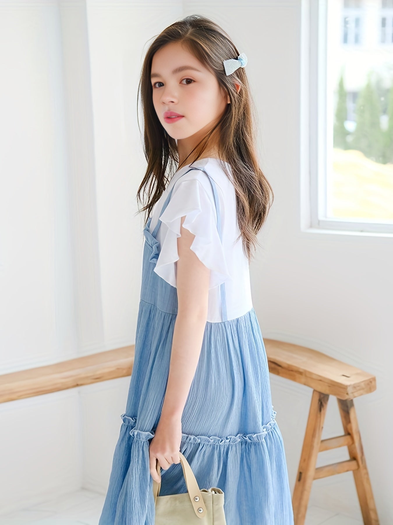 Girl's Cotton Suspenders Skirt Butterfly Sleeves T Shirt Pleated Skirt