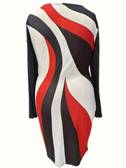 Colorblock Geometric Print Round Neck Dress
