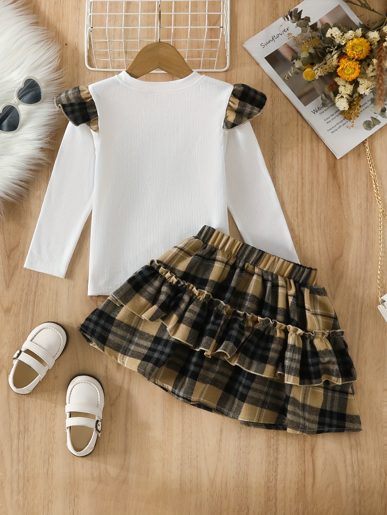 Girl's Plaid Anime Sunglasses Print Long Sleeve Top & Ruffle Skirt Set