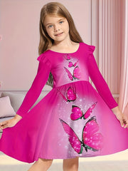 Sweet Girls Butterfly Graphic Long Sleeve Dress Spring Fall