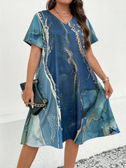 Women's Plus Marble Print V Neck Loose Fit Knee Dress
