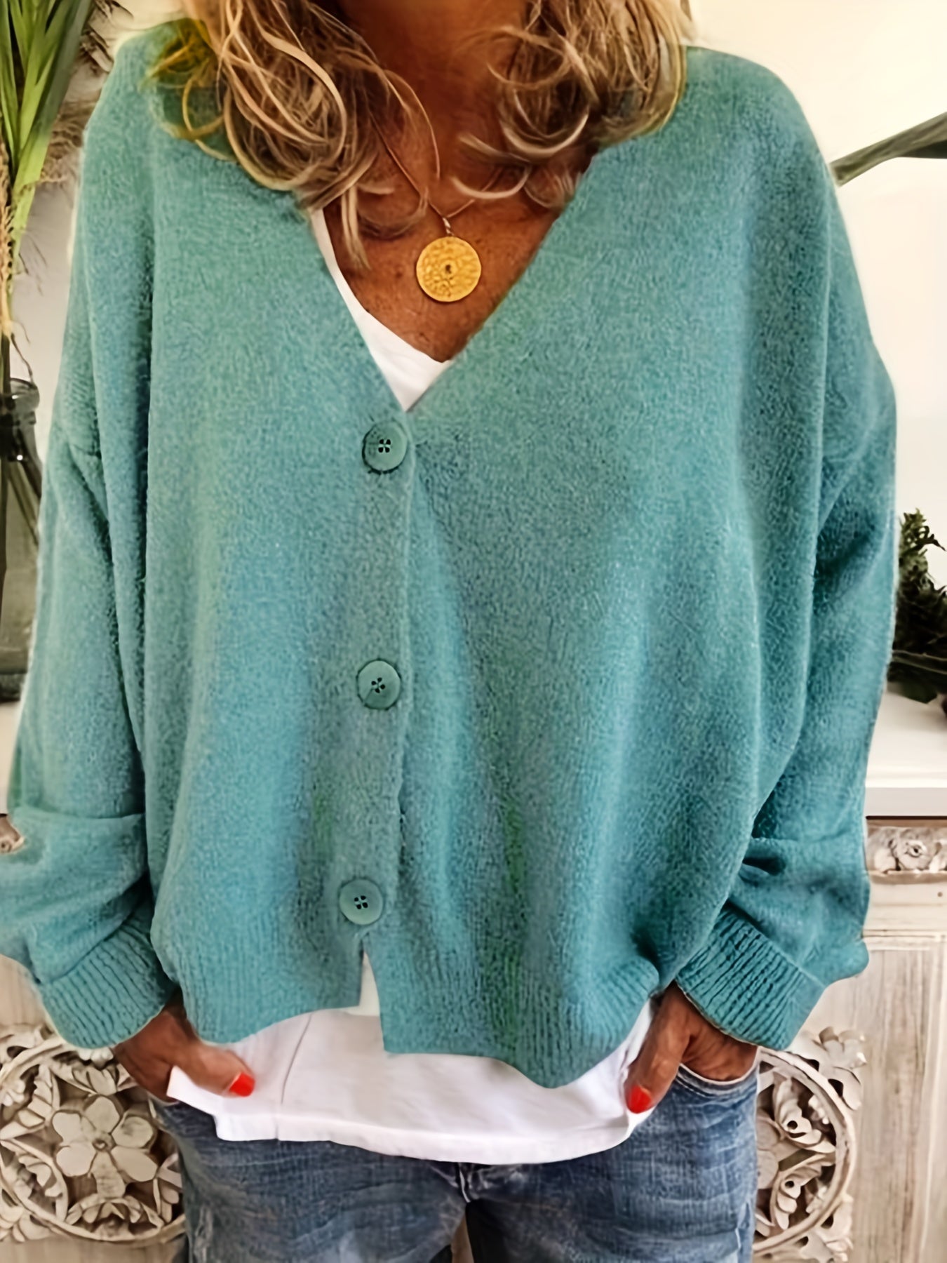 Solid Button Up Cardigan Casual V Neck Long Sleeve Cardigan