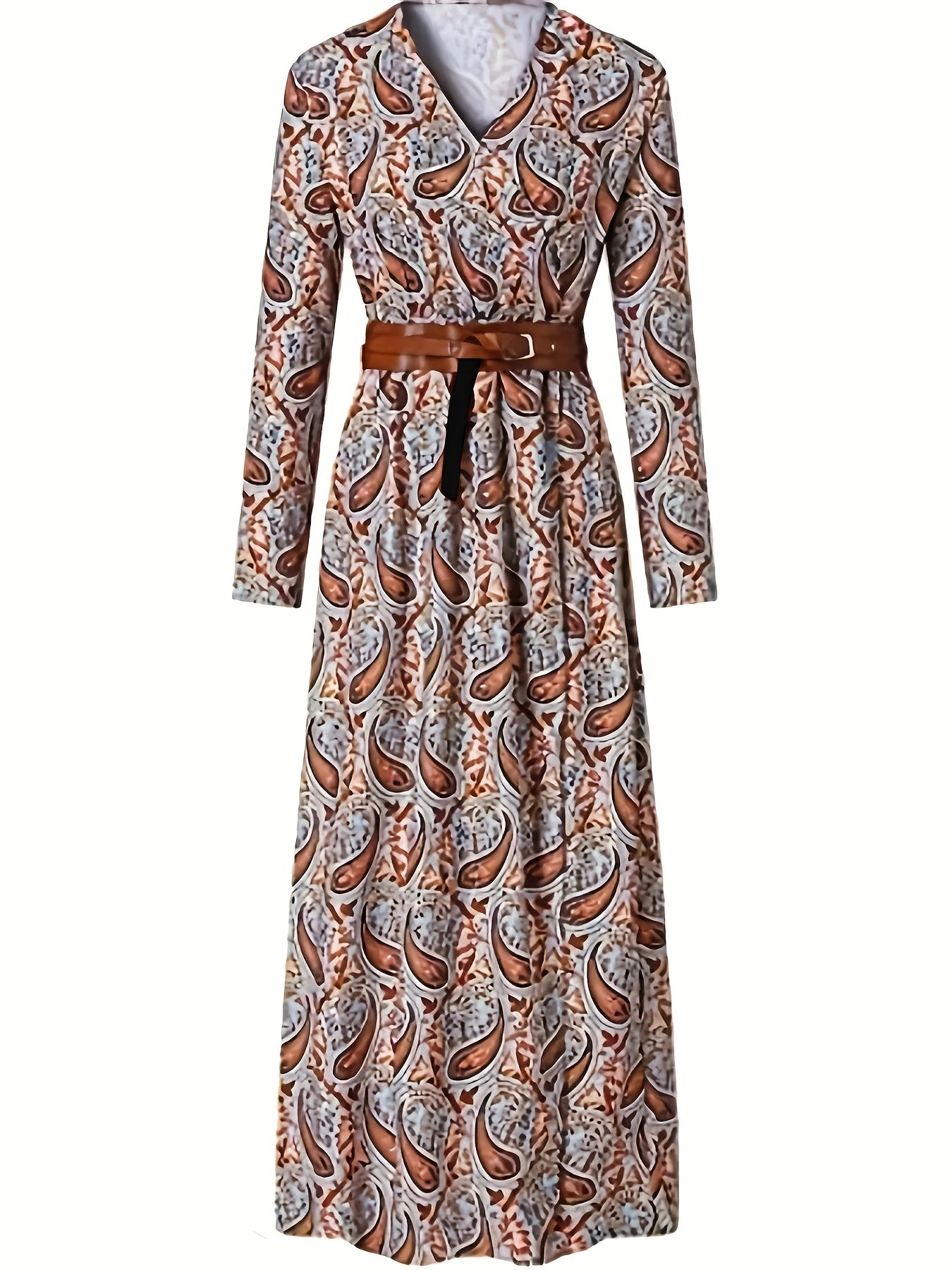 Pasley Print Long Sleeve V Neck Maxi Dress