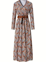 Pasley Print Long Sleeve V Neck Maxi Dress