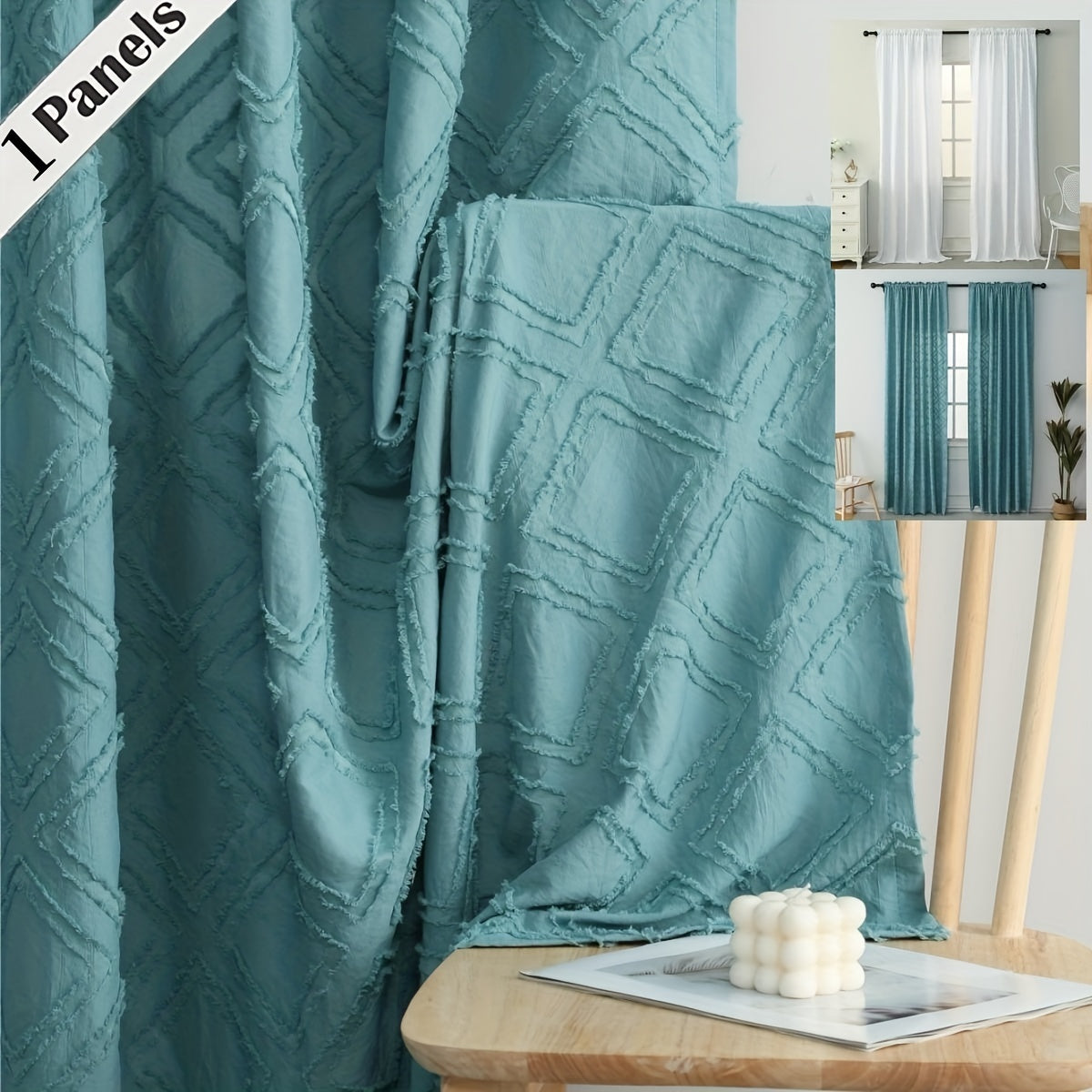 Boho Plaid Jacquard Tufted Rod Pocket Curtains Teal