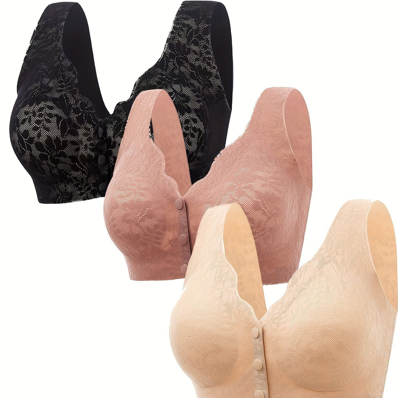 3pcs Lace Wireless Bras Front Buckle Women's Lingerie