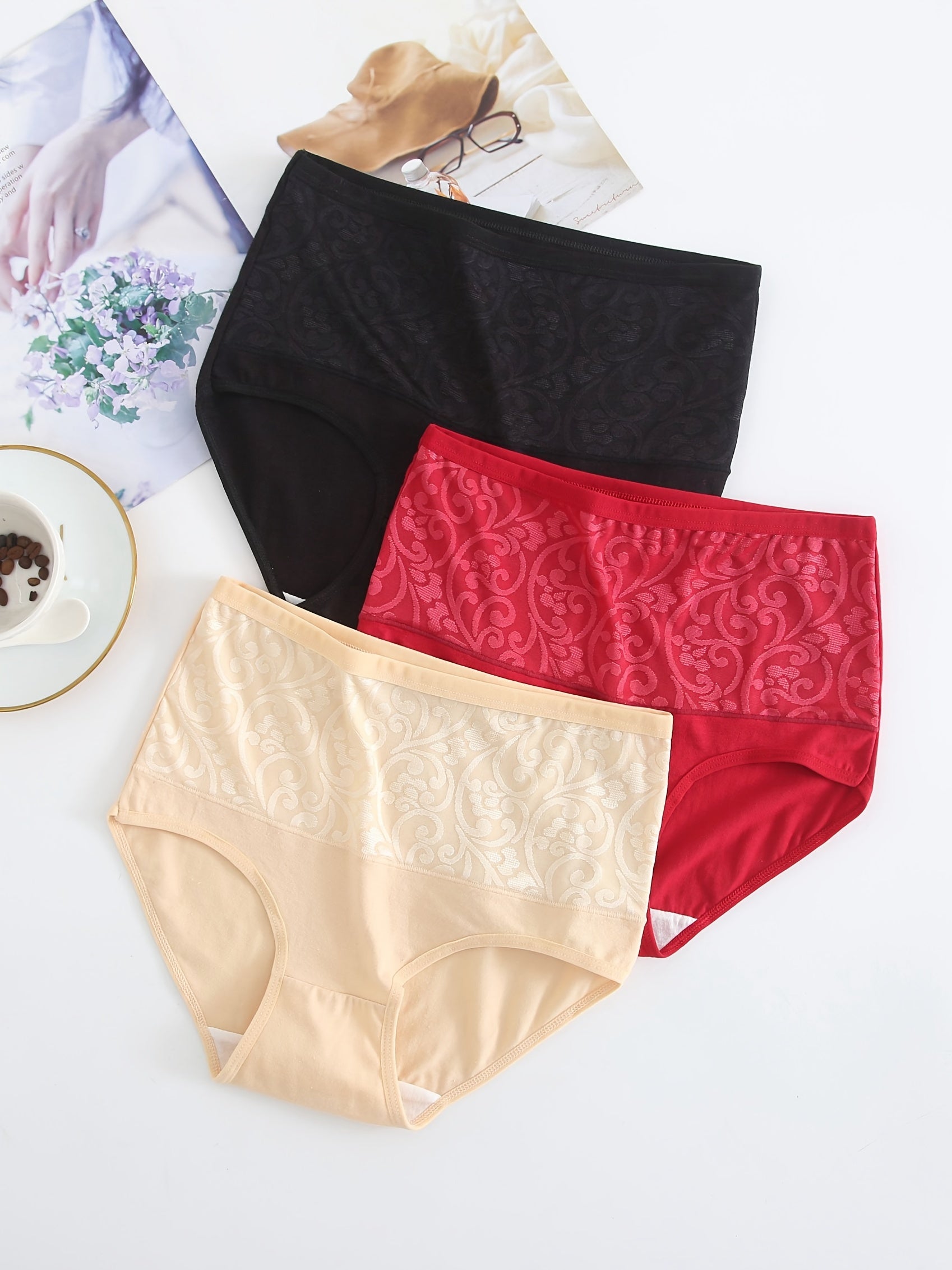 3pcs Jacquard Comfort Briefs High Waist Tummy Control Panties