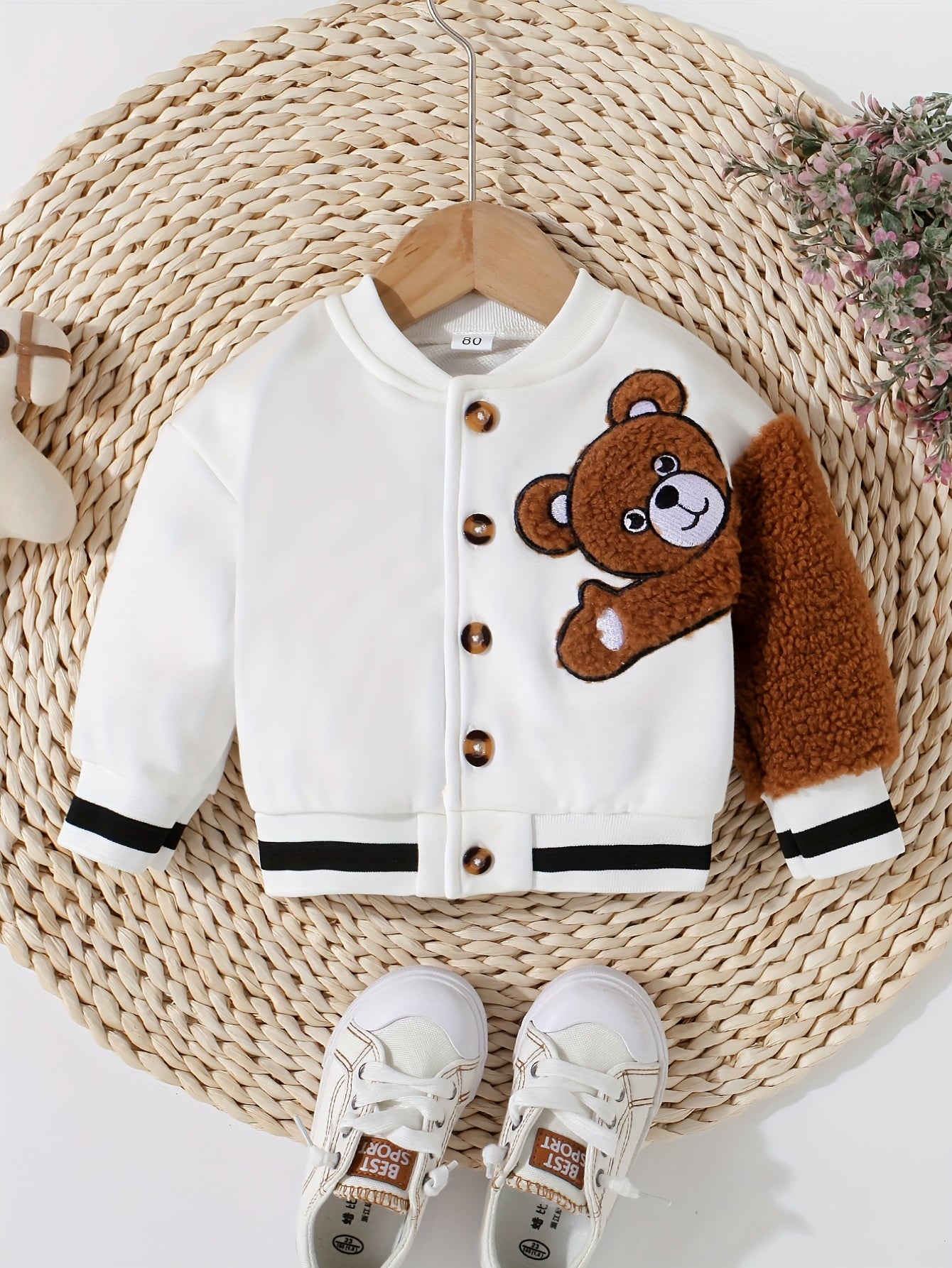 Baby Adorable Bear Embroidered Jacket Kids Single Breasted Long Sleeve Coat