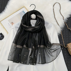 Organza Block Scarf Beads Decor Casual Shawl Women Outdoor Windproof Head Wrap
