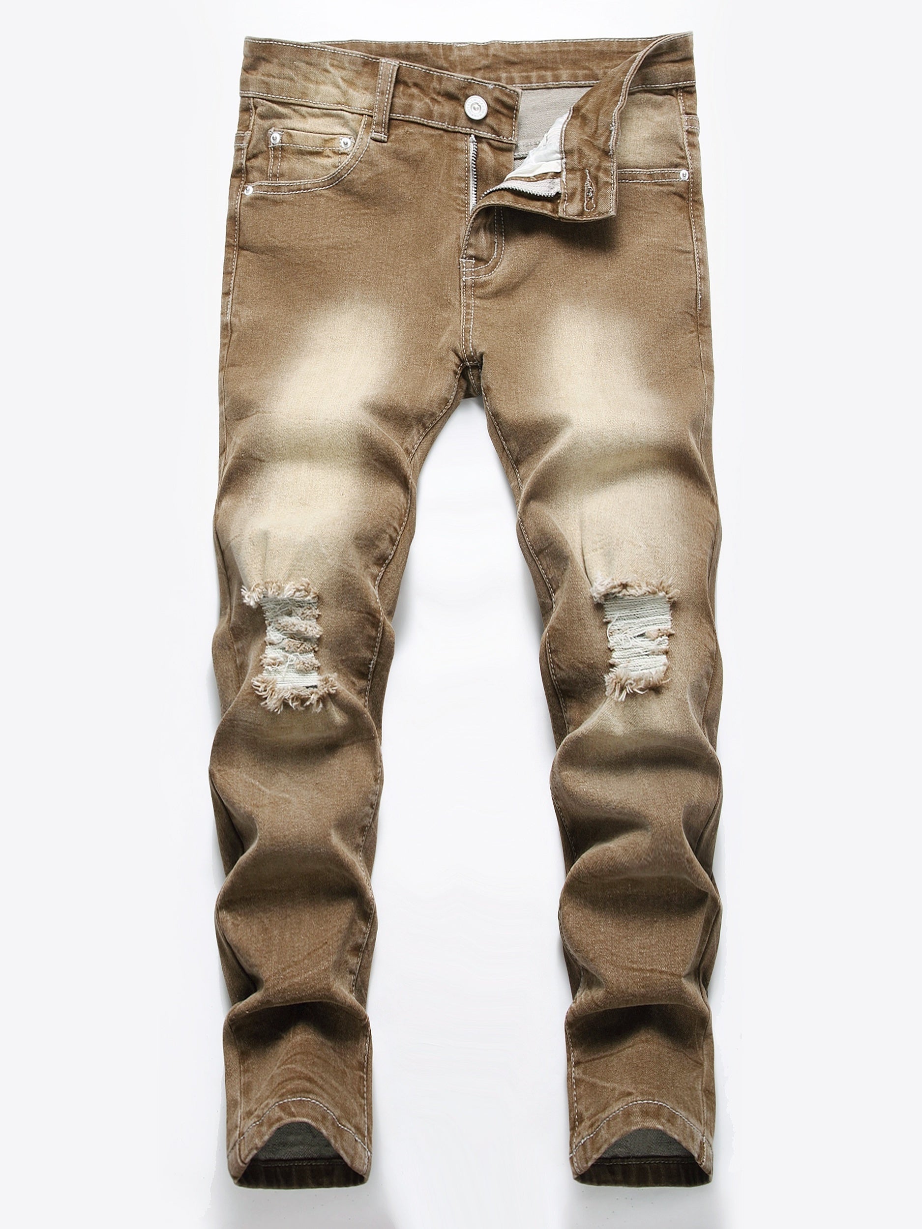 Boys Ripped Olive Brown Jeans Skinny Slim Fit Washed Denim Long Pants