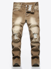 Boys Ripped Olive Brown Jeans Skinny Slim Fit Washed Denim Long Pants
