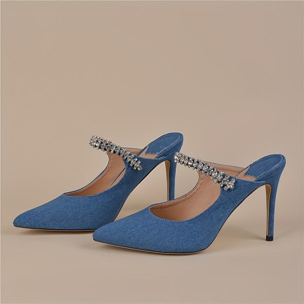 Denim Slingback High Heels Rhinestone Strap Slip On Stiletto Heels