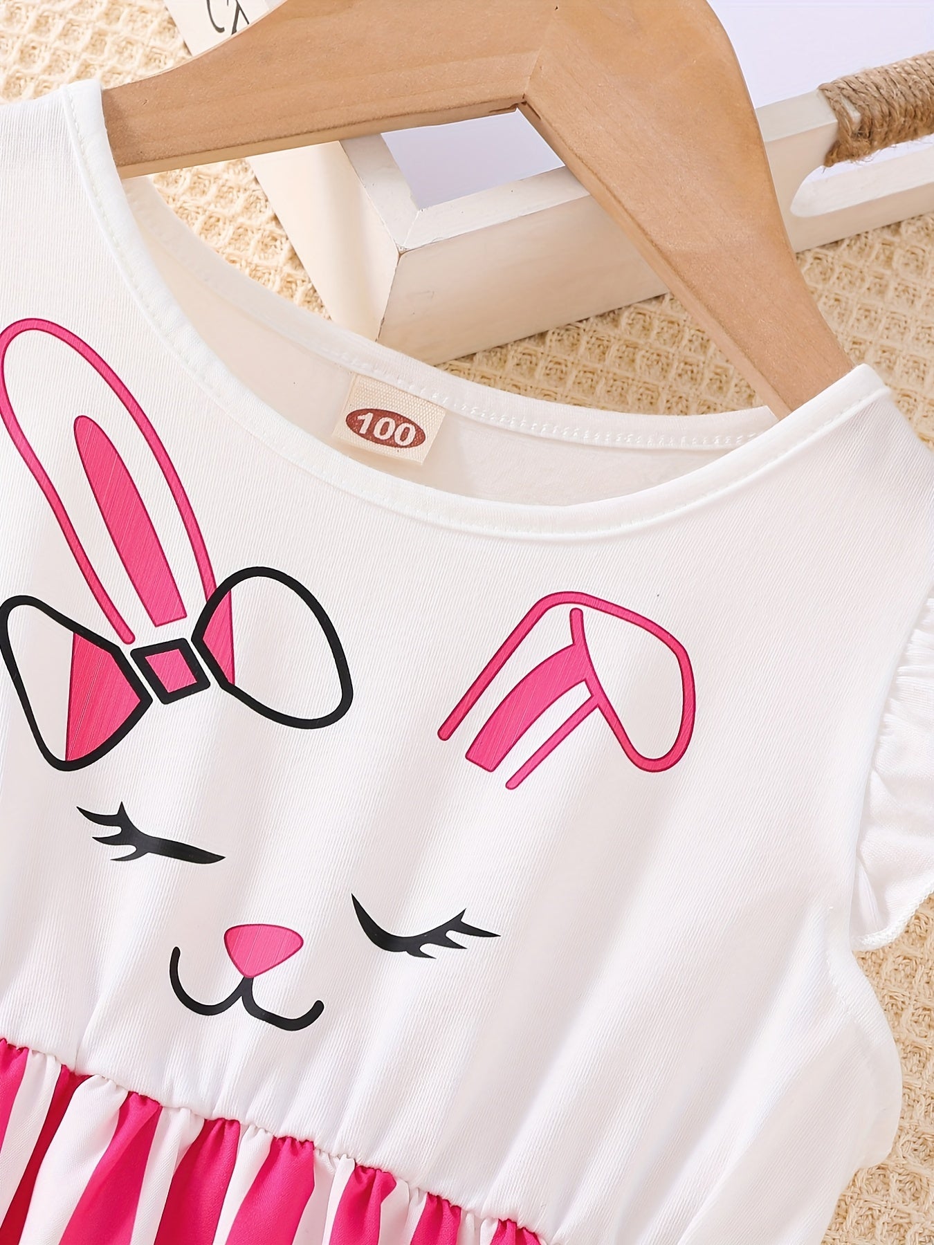 Toddler Girls Ruffle Trim Cartoon Graphic Rabbit Striped Princess Dress