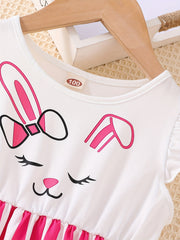 Toddler Girls Ruffle Trim Cartoon Graphic Rabbit Striped Princess Dress