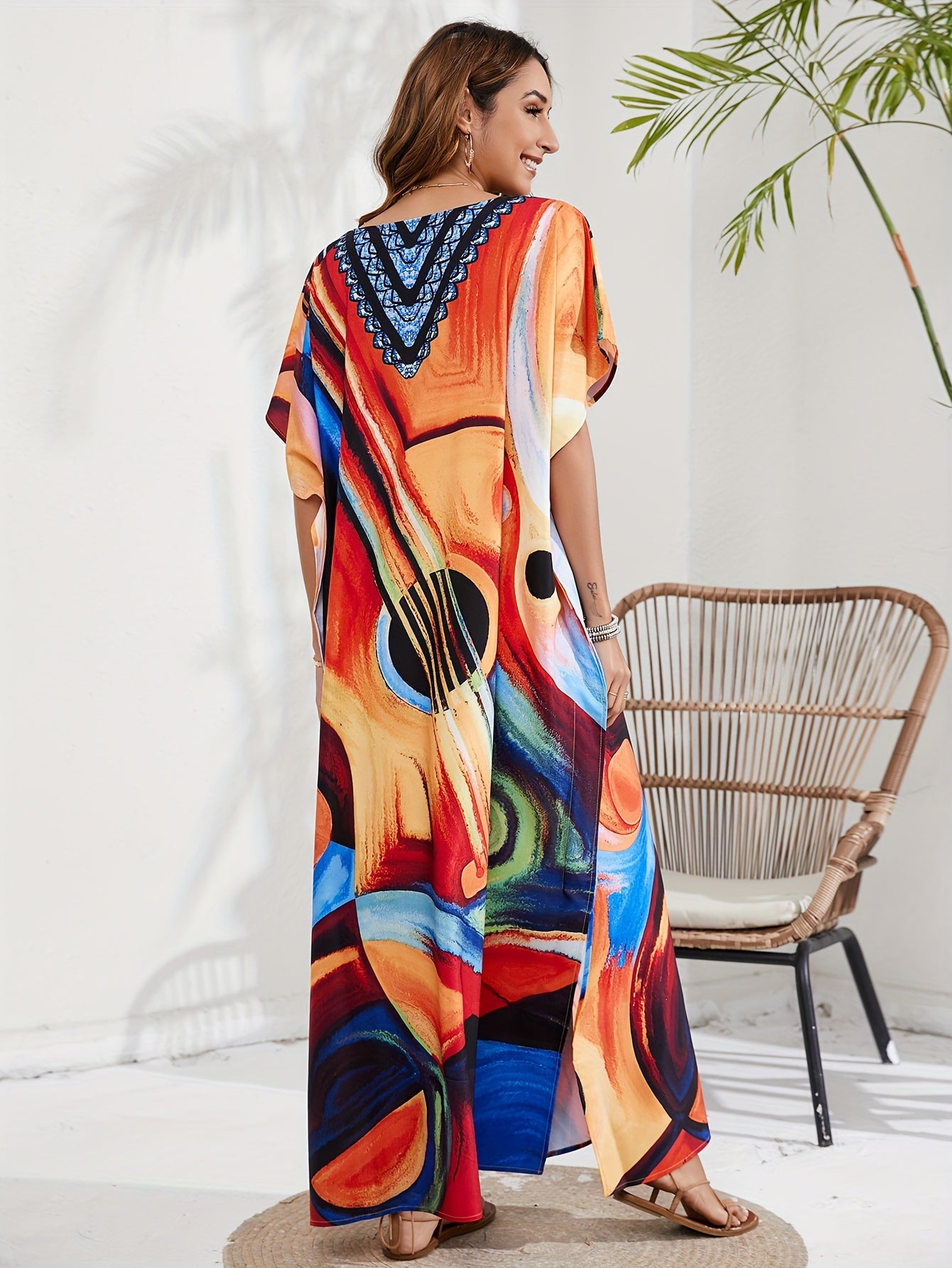 Abstract Print Batwing Sleeve V Neck Kaftan Beach Cover Up Dress