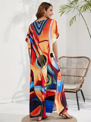 Abstract Print Batwing Sleeve V Neck Kaftan Beach Cover Up Dress