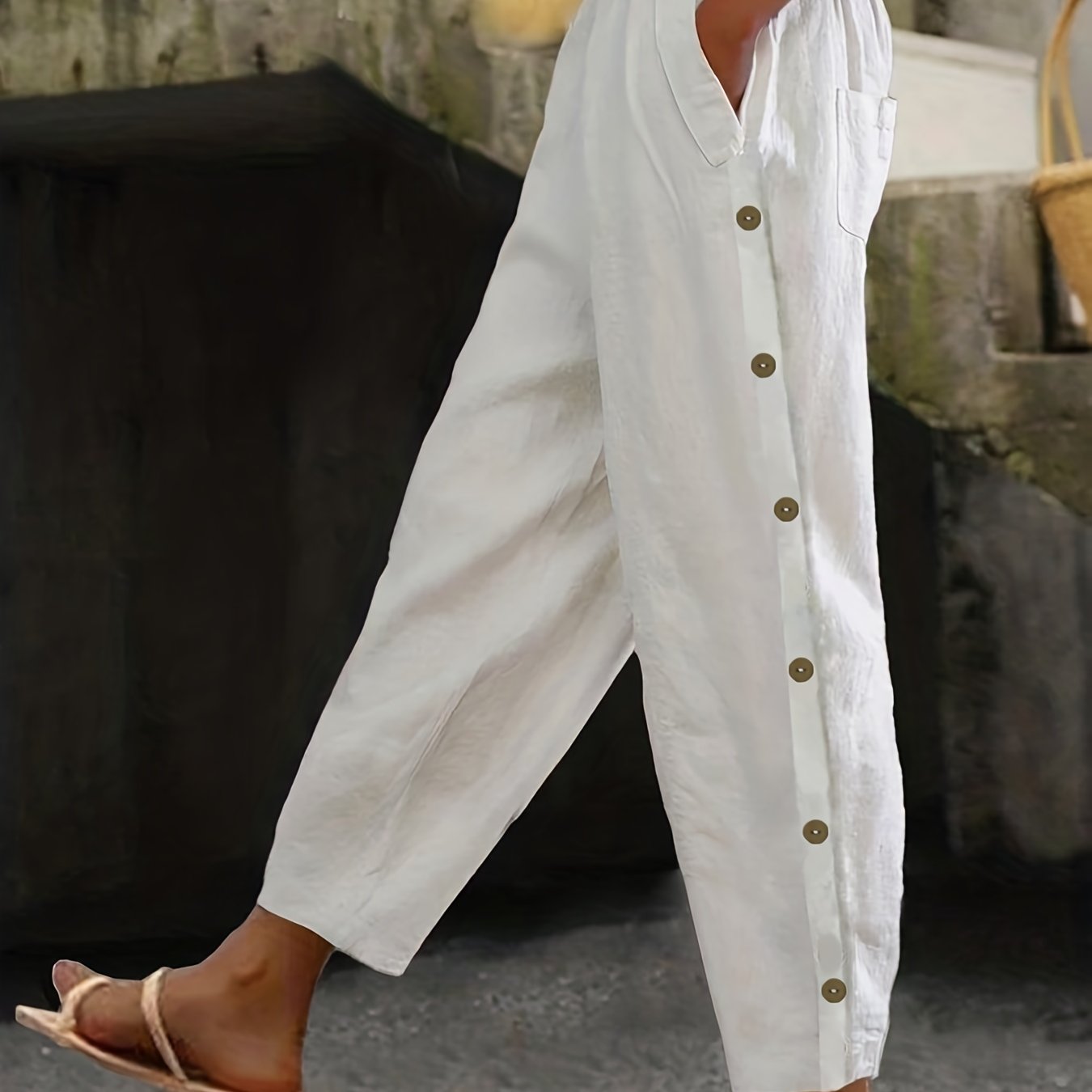 Solid Side Breasted Cropped Pants Casual Pocket Elastic Waist Pants