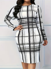 Grid Print Long Sleeve Bodycon Midi Dress