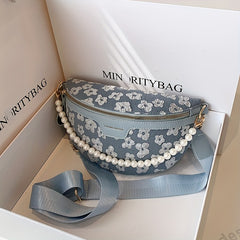 Floral Fanny Pack Women Faux Pearl Chain Chest Purse Wide Strap Crossbody Bag