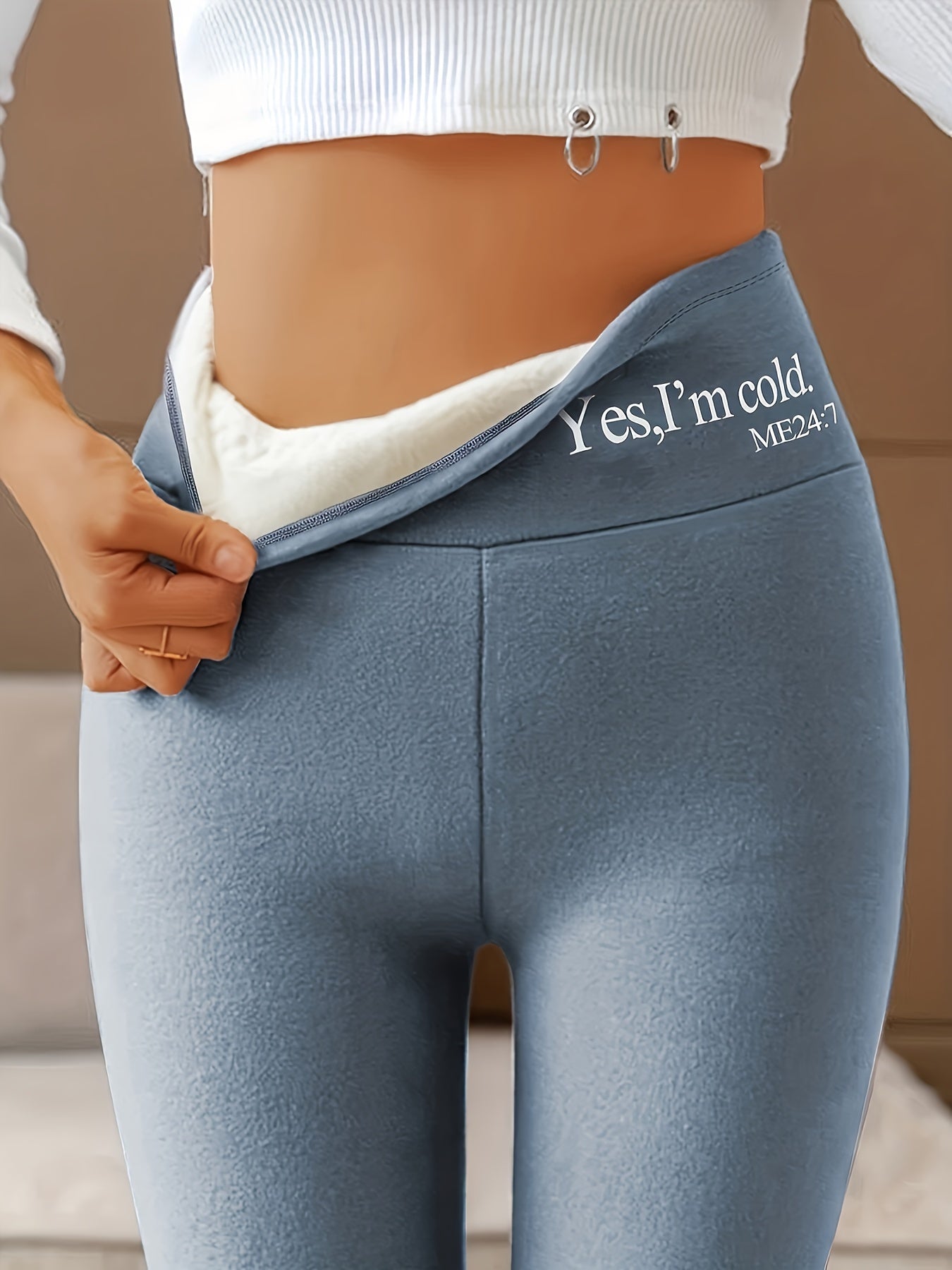 Sports Leggings Women's Plus Letter Print Fleece Lined Wide Waistband