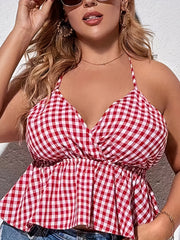 Gingham Print Halter Neck Peplum Top