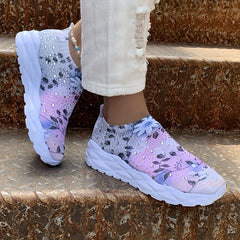 Floral Print Sock Sneakers Rhinestone Low Top Slip On Shoes